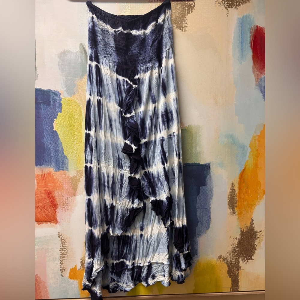 Tie-Dye Maxi Dress. Elastic upper. High low front with slit and ruffle